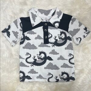 🐉 Kate Quinn Black and White Dragon Polo Collared Shirt 2T Cotton